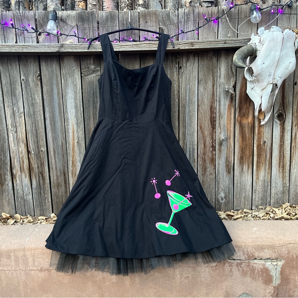 Rockabilly Ruby Rod Black Dress with Retro Cocktail Glass Design
